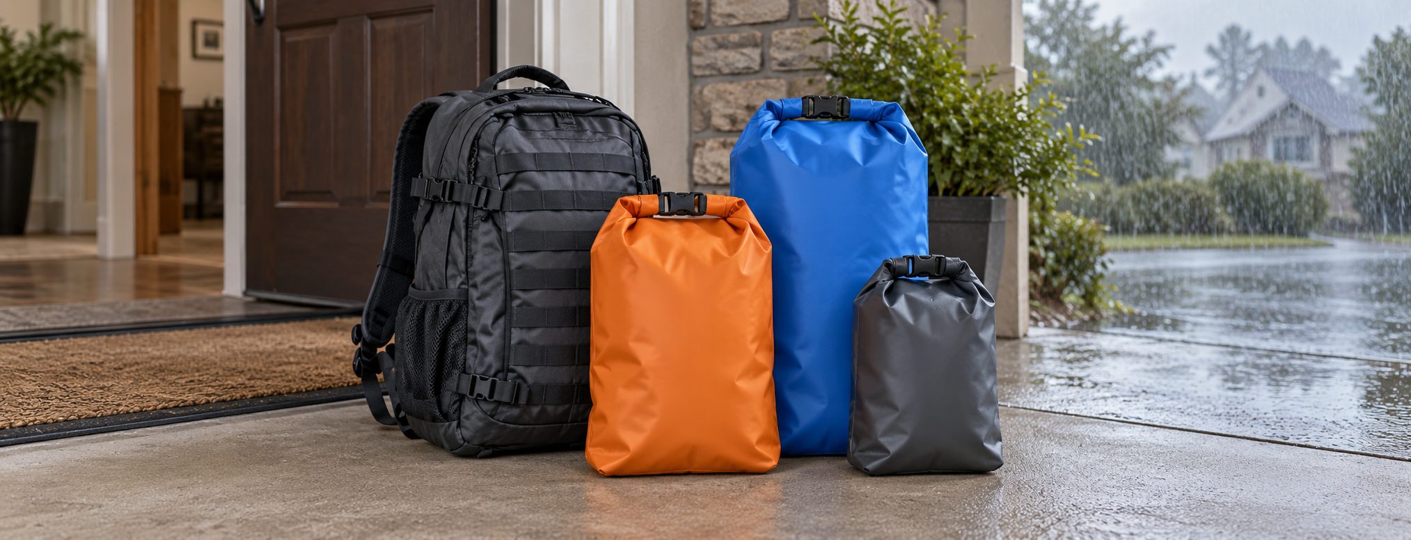 Best Dry Bags for Emergency Go Bags and Flood Evacuation 2026 - SurvivalStockUp Roll-top dry bags of different sizes next to a bug out backpack - SurvivalStockUp