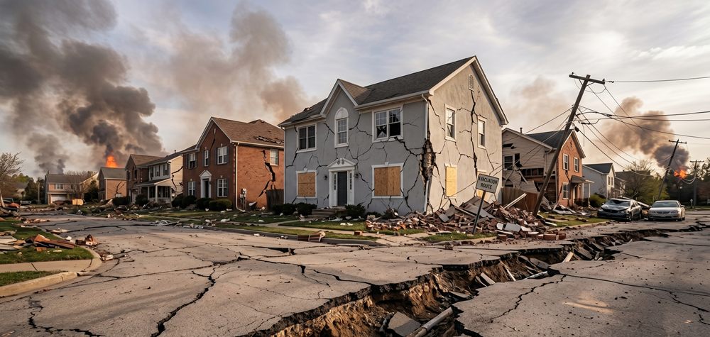 Cracked road and earthquake damage illustrating seismic preparedness