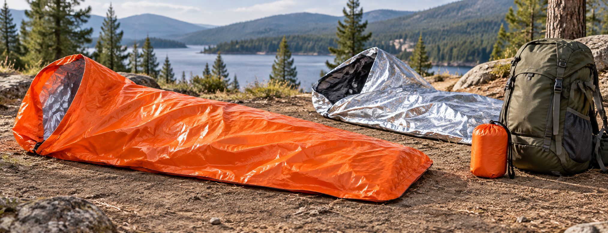 Best Emergency Bivy Sacks for Bug-Out Bags 2026 - SurvivalStockUp Reflective and reusable emergency bivy sacks next to a bug out bag outdoors - SurvivalStockUp