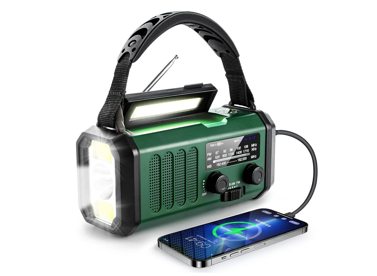 Hand-crank NOAA weather emergency radio with solar charging