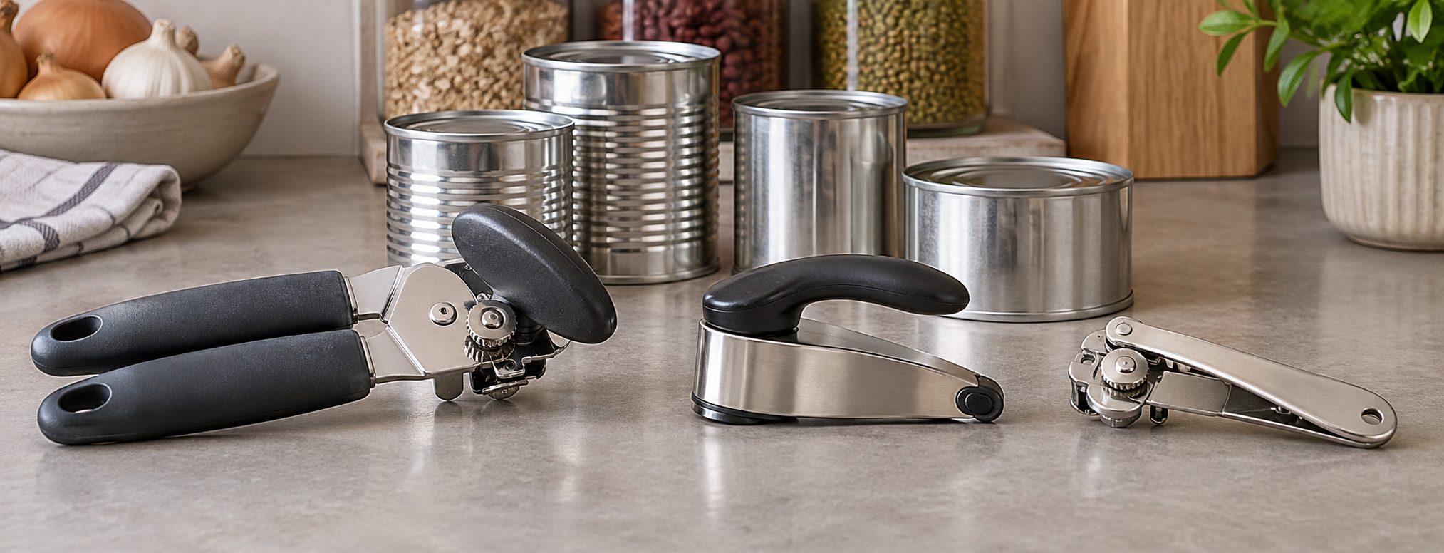 Best Manual Can Openers for Emergency Food Supplies 2026 - SurvivalStockUp Manual can openers next to canned emergency food supplies - SurvivalStockUp