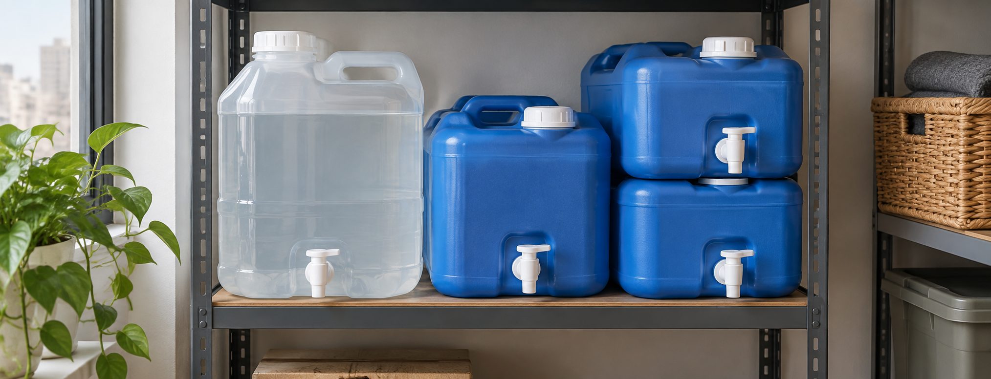 Best Water Storage Containers for Small Spaces 2026 - SurvivalStockUp Stackable, rigid and collapsible water storage containers for small spaces - SurvivalStockUp