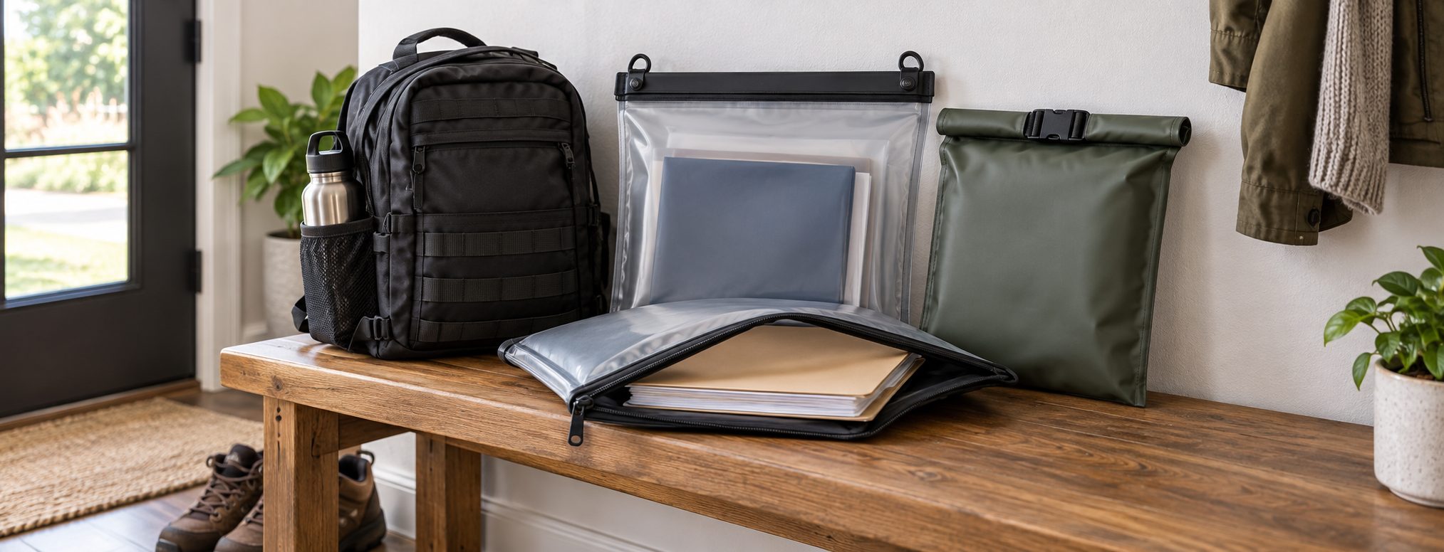 Best Waterproof Document Bags for Emergency Evacuation 2026 - SurvivalStockUp Waterproof document bags for emergency evacuation next to a go bag - SurvivalStockUp